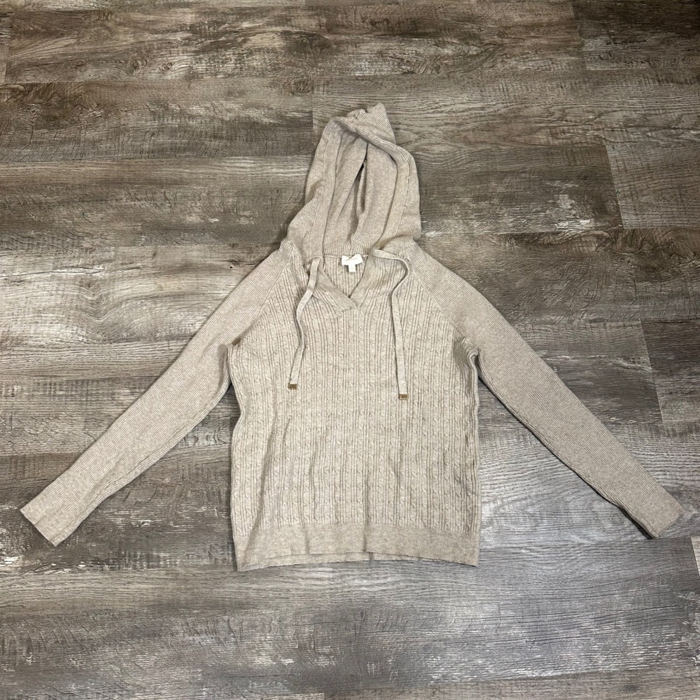 Cyrus Womens Oatmeal Beige Cable Knit Hoodie V-Neck Sweater Size L C552311